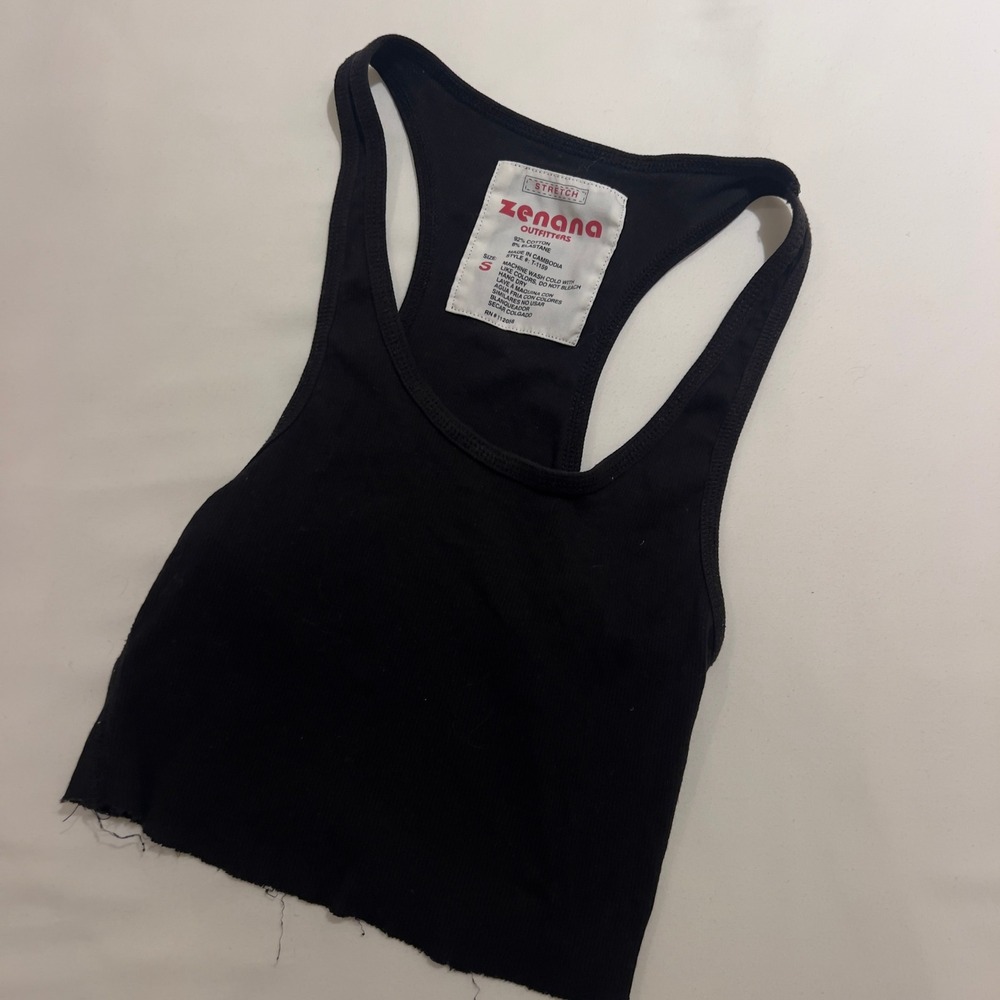 Zenana Outfitters Black Ribbed Racerback‎ Cropped Tank Top Small Raw Hem